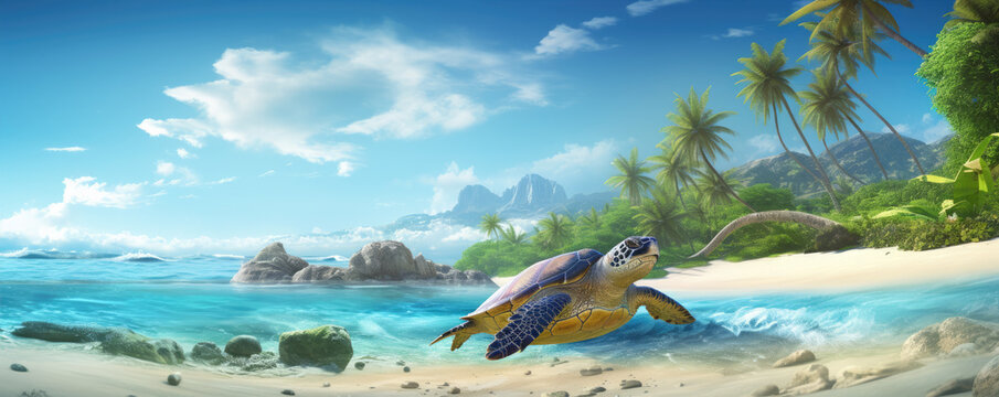 Big turtle on tropical beach. Turtles in blue ocean water near beach. copy space for text.