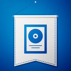 Blue CD disk award in frame icon isolated on blue background. Modern ceremony. Best seller. Musical trophy. White pennant template. Vector