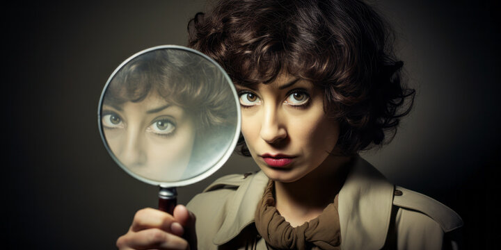 Intriguing woman using a large magnifying glass, embodying the role of a private detective.