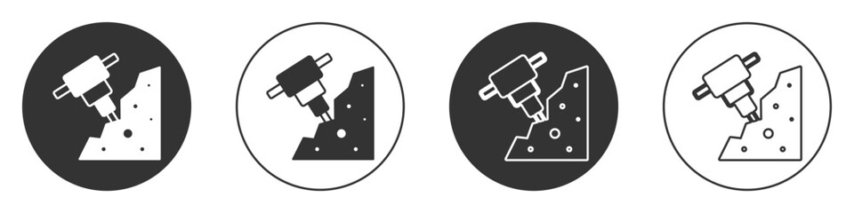 Black Construction jackhammer and stone icon isolated on white background. Circle button. Vector