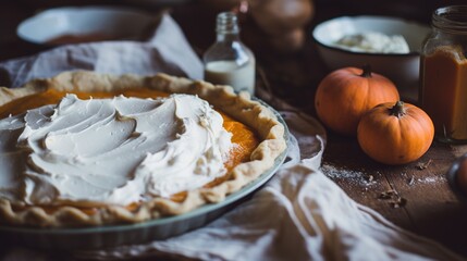 Generative AI, Homemade american traditional pumpkin pie preparing process, aesthetic muted colors - obrazy, fototapety, plakaty