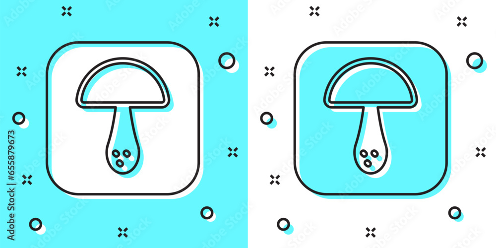Poster black line mushroom icon isolated on green and white background. random dynamic shapes. vector