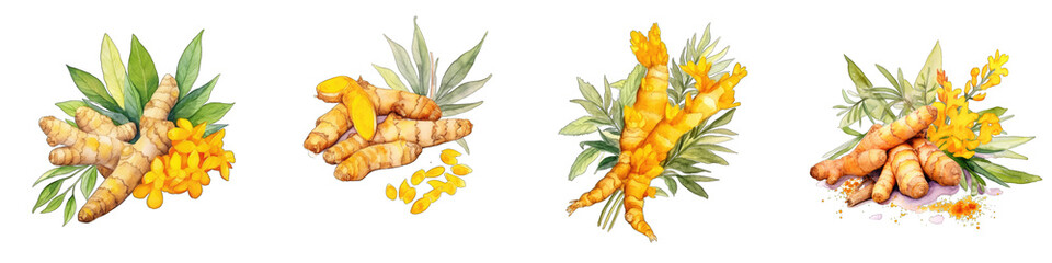 Turmeric Botanical View On A Clean White Background Soft Watercolour Transparent Background - obrazy, fototapety, plakaty