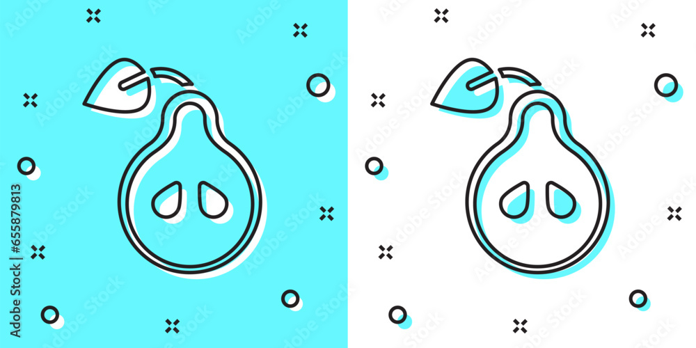 Poster black line pear icon isolated on green and white background. fruit with leaf symbol. random dynamic 