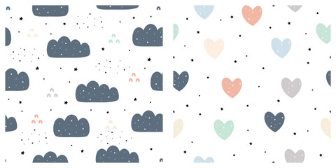 Hand-drawn pastel clouds and hearts, cute seamless patterns for kids. Design for , wallpaper, wrapping paper, textiles, clothing. Vector illustration