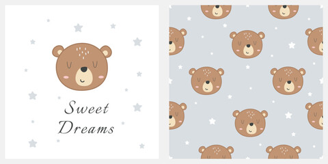 Cartoon and seamless pattern with cute bear. Animal vector illustration. For print, textile, clothing, kids apparel, wrapping paper, wallpaper, card