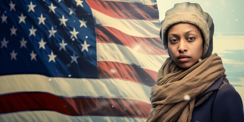 Poignant image of a hopeful migrant woman in front of the American flag symbolizing the American dream. - obrazy, fototapety, plakaty
