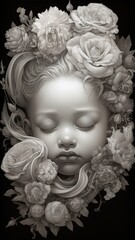 A black and white photo of a baby with flowers in her hair