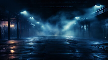 A street light standing in flood water with a bridge behind on a spooky, misty night, with a blue moody edit.