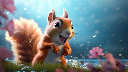 Fotobehang A squirrel is standing in a field of flowers © Maria Starus