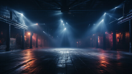 Background of an empty dark street, premises at night, concrete pavement, tile. Neon light, spotlight, smoke, smog
