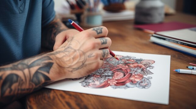 A man with a tattoo on his arm and a pencil in his hand