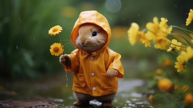 A hamster in a yellow raincoat holding a flower