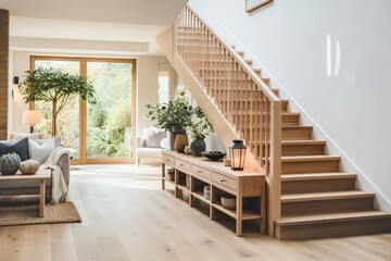 Farmhouse home interior design of modern living room with wooden staircase. - Powered by Adobe