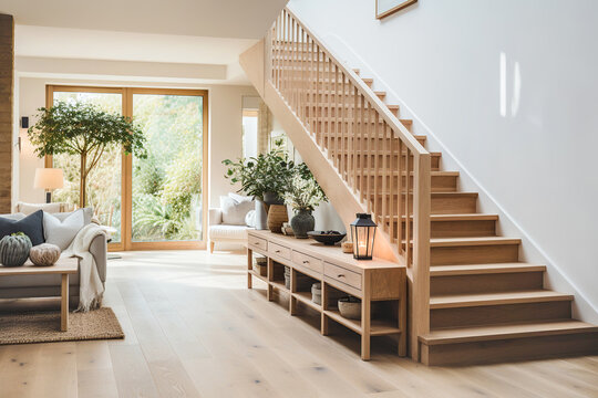 Farmhouse home interior design of modern living room with wooden staircase.