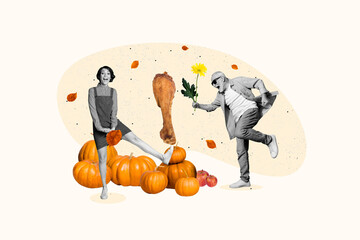 Artwork retro collage postcard of funky cheerful people dancing celebrating thanksgiving day...