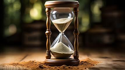 Golden sand inside transparent hourglass isolated on black background. Stock footage. Small metal particles running through an hourglass measuring passing time. - obrazy, fototapety, plakaty