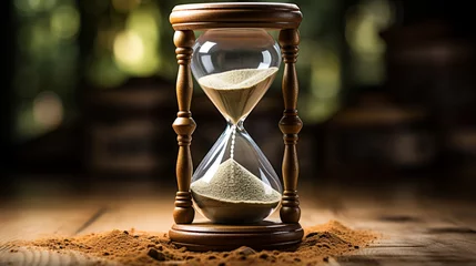 Foto op Canvas Golden sand inside transparent hourglass isolated on black background. Stock footage. Small metal particles running through an hourglass measuring passing time. © Nataliia