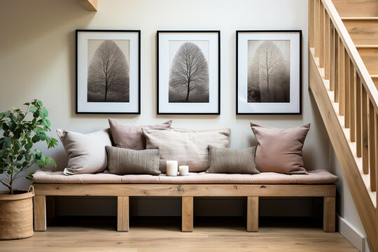 Wooden bench with pink pillows near staircase against white wall with three poster frame. Scandinavian style interior design of modern entrance hall. - Powered by Adobe