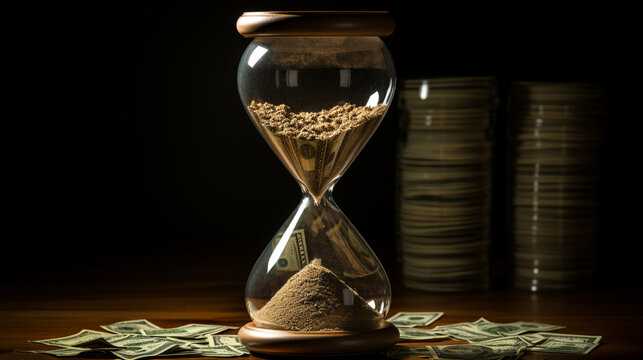 concept of an hour glass with time passing over money