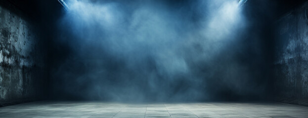 The dark stage shows, dark blue background, an empty dark scene, neon light, spotlights The asphalt floor and studio room with smoke float up the interior texture for display products