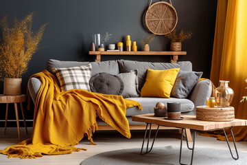 Grey sofa with yellow blanket and pillows. Scandinavian, hygge home interior design of modern living room.