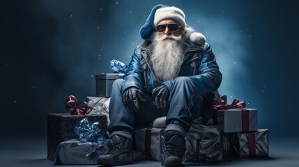 Portrait of Santa Claus in blue suit, leather jacket and jeans, sitting with presents. Dark background with copy space