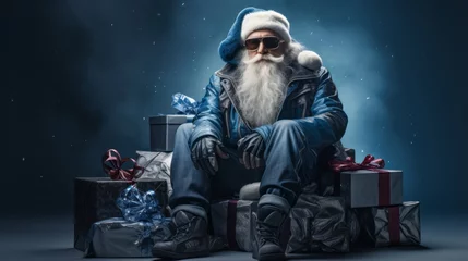 Foto op Plexiglas Portrait of Santa Claus in blue suit, leather jacket and jeans, sitting with presents. Dark background with copy space © Nata