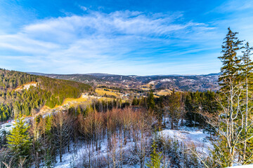 First snow in hilly landscape of Jizera Mountains. Czech Republic