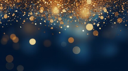 Fototapeta na wymiar Abstract glitter lights background in blue, gold and black colors. Blurred bokeh effect. Elegant and festive design for banner, poster, invitation, card or wallpaper.