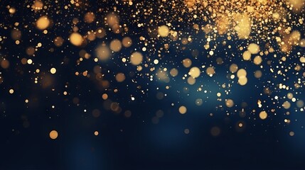 Abstract glitter lights background in blue, gold and black colors. Blurred bokeh effect. Elegant and festive design for banner, poster, invitation, card or wallpaper.