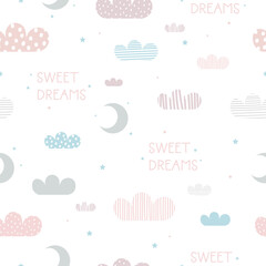 Cute seamless pattern with clouds and moon. Kids vector illustration. For nursery baby, paper design, wrapping, print, textile, fabric, wallpaper, other