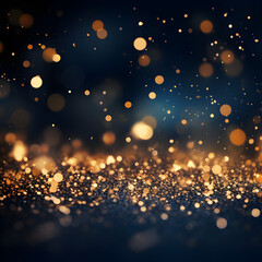 abstract background with Dark blue and gold particle. Christmas Golden light shine particles bokeh on navy blue background. Gold foil texture. Holiday concept of New's Year Eve. Generative AI.