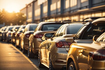 Fototapeta premium Row of Cars Closeup Parked at a Car Lot. ai generative