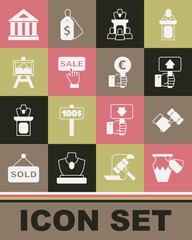 Set Auction ancient vase, hammer, Hand holding auction paddle, jewelry sale, Price tag with Sale, painting, Museum building and icon. Vector