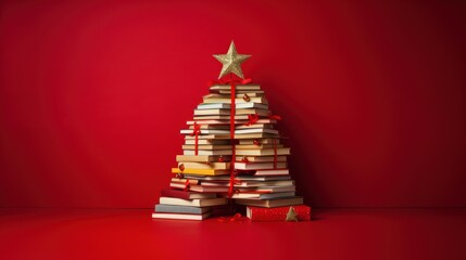 Christmas tree made from pile of books. Colorful Books in the form of christmas tree on red background. Creative Chirstmas background in minimalist style. Holiday book sale, Christmas reading.
