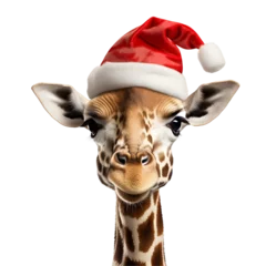 Tuinposter Happy Giraffe wearing a christmas hat isolated on transparent background © John