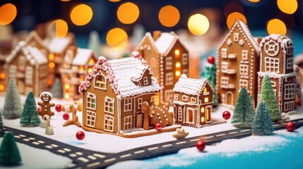 Fototapeta na wymiar Cozy Christmas gingerbread village town greeting card. Little tiny toy christmas gingerbread village on white snow. Christmas night gingerbread houses on snowy winter light background
