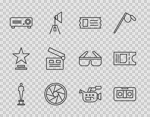Set line Movie trophy, VHS video cassette tape, Cinema ticket, Camera shutter, Movie, film, media projector, clapper, camera and icon. Vector