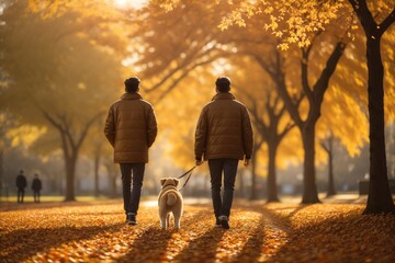 Back view of a man with a dog walking in an autumn park. ai generative