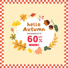 Autumn leaves pattern with hello autumn sale banner illustration, vector, shopping, flash sale and big sale