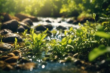 Beautiful spring detailed closeup stream. ai generative