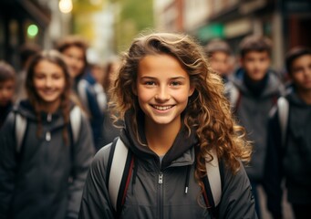 Obraz premium Collegiate Unity: College Girls and Boys, Clad in Jackets and Matching College Bags, Embrace Their Natural Hair with Smiles as They Face the Camera Against a Background of Fellow Students 