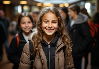 Obraz premium Youthful Elegance: Vibrant Schoolgirls with Natural Hair, Carrying Colorful Backpacks and Wearing Jackets, Grace the Everyday Scene of Common Folks 