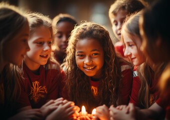 Fototapeta premium Harmony in Diversity: Multicultural Schoolgirls in Red Uniforms, Radiantly Smiling as They Stand Around the Center Candles, Amidst a Softly Blurred Background 