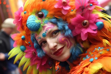 Théâtre de rue, une femme âgée de 20 ans, souriante, portant un costume coloré avec des plumes.