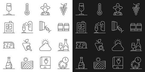 Set line Wooden barrel for wine, Wine bottle with glass, Farmer the hat, Sommelier, Cardboard box of, and tasting, degustation icon. Vector