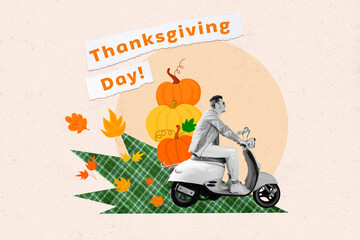 Collage greeting image of nice guy riding scooter pile ripe pumpkins thanksgiving day isolated on...