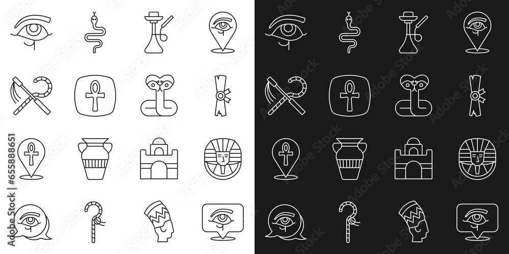 Sticker set line eye of horus, egyptian pharaoh, papyrus scroll, hookah, cross ankh, crook and flail, and sn