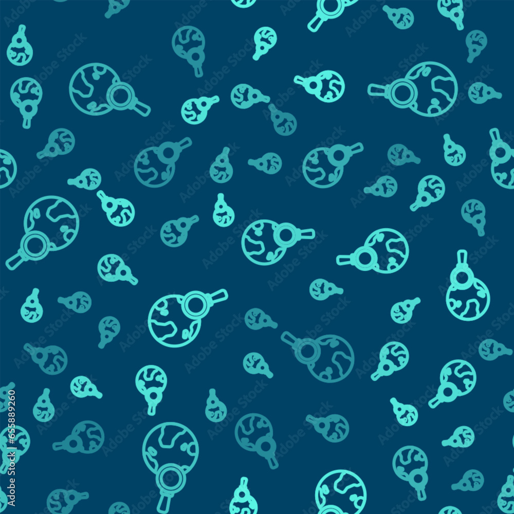 Poster green line magnifying glass with globe icon isolated seamless pattern on blue background. analyzing 
